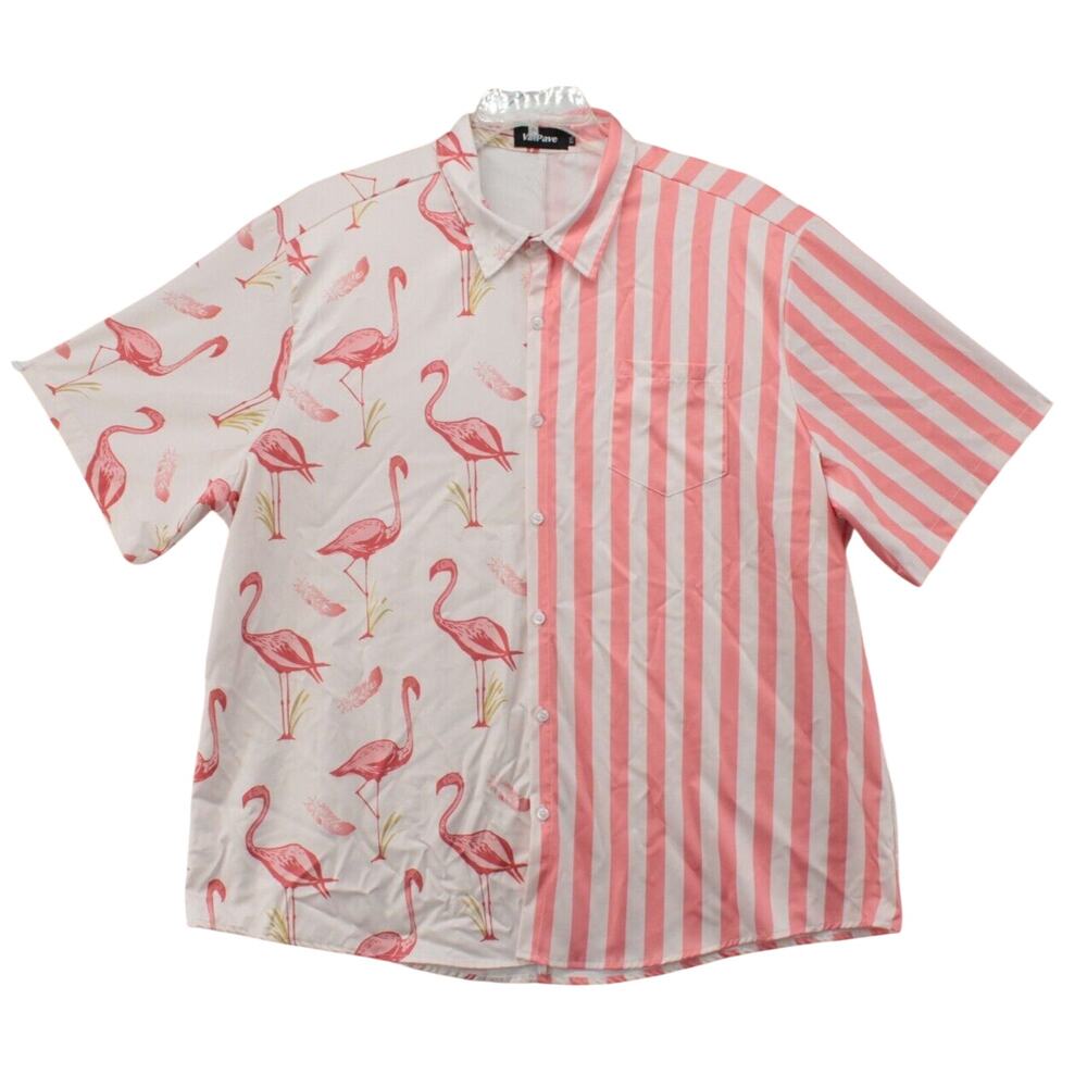 VatPave Shirt Men XXL White Pink Hawaiian Flamingos Stripes Button Vacation